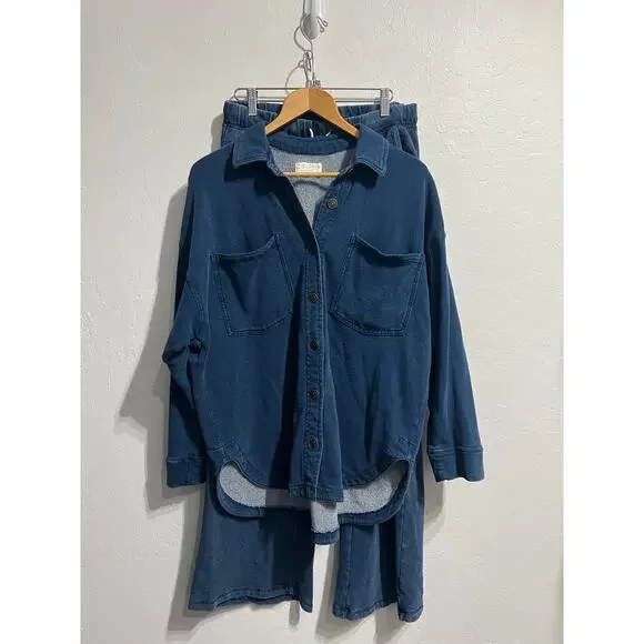 Z SUPPLY Set Med All Day Hunter Denim French Terry Shacket Pants Lounge Jacket - Picture 2 of 14